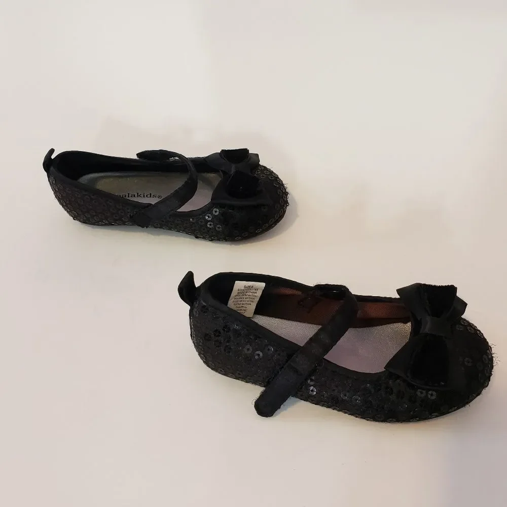 Koala Kids Black Sequin Mary Jane Flats Dress Shoes Bow Detail Toddler Size 6